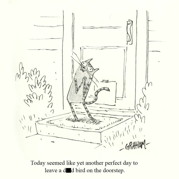 Comic of a cat preparing to leave a bird on a doorstep with subtle humor in a simple sketch style