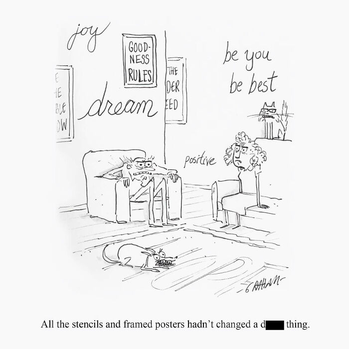 Subtle humor comic featuring stenciled motivational words with frustrated characters ignoring positivity