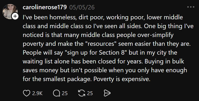 A social media post detailing ignorant things middle-class people say, specifically oversimplifying poverty and resource access.