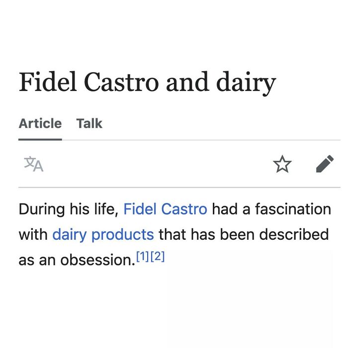 Fidel Castro's dairy products obsession on Wikipedia page