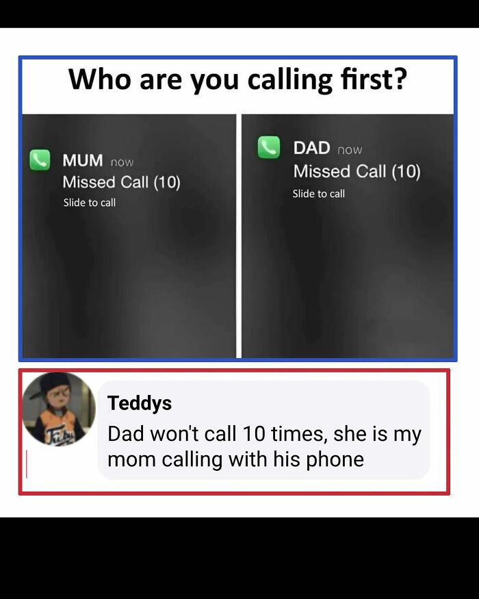 A meme presenting the choice of calling mum or dad, both with 10 missed calls, and a funny comment about who is actually calling.
