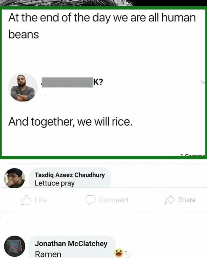 A post and funny comments making puns with food, including human beans and rice, and lettuce pray.