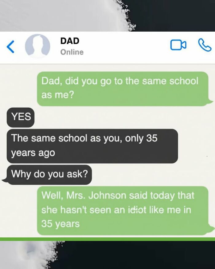 A screenshot of a text conversation between a dad and child with a funny comment about a teacher's observation.