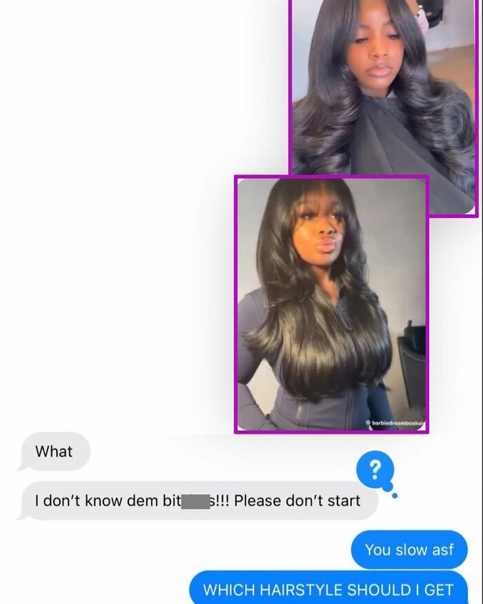 A text conversation with image references, asking Which hairstyle should I get, a funny comment.