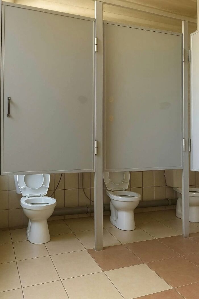 Two toilet stalls with incredibly short doors, revealing a significant architecture and design fail in privacy.