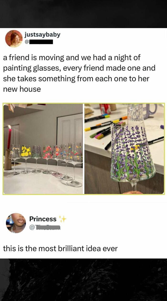 A post about a friend moving, showing painted glasses, with a comment about a brilliant idea, a funny comment.
