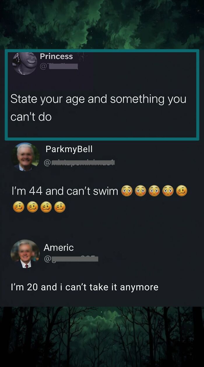A post asking to State your age and something you can't do, with two funny comments as replies.