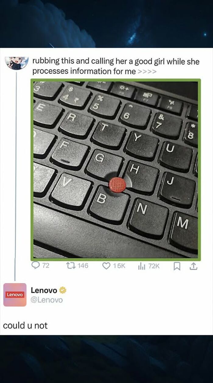 A funny comment on Twitter: a user is rubbing a laptop trackpad, calling it a good girl, and Lenovo replies, could u not.