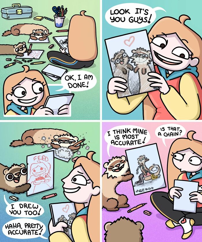 Siberian girl illustrating with two ferrets. The girl and ferrets draw pictures of each other, creating funny situations.