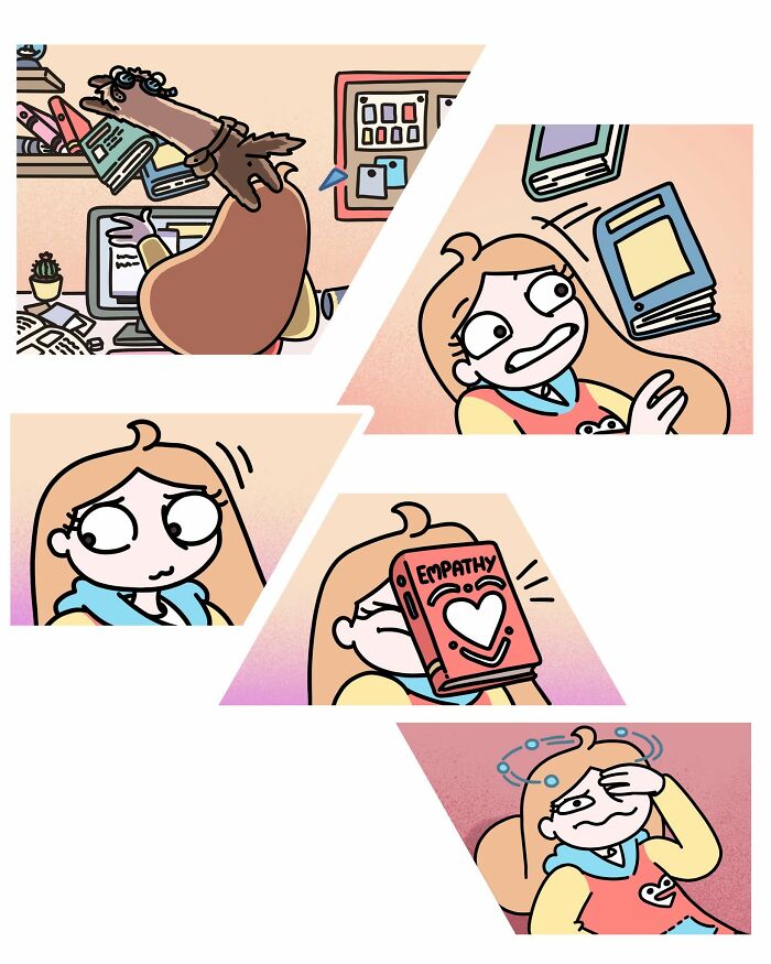 A Siberian girl illustrates her daily life and funny situations with an eggplant character throwing books at her.