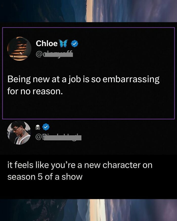 A funny comment on Twitter about being new at a job; Chloe says it's embarrassing, user replies it feels like a new character.