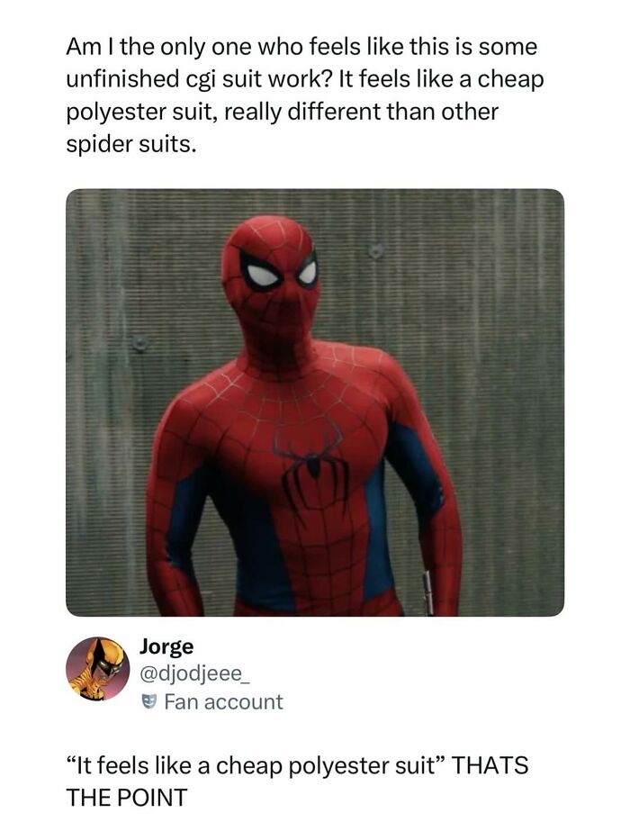 Spider-Man in a perceived cheap suit, a pop culture post that brings instant good vibes.