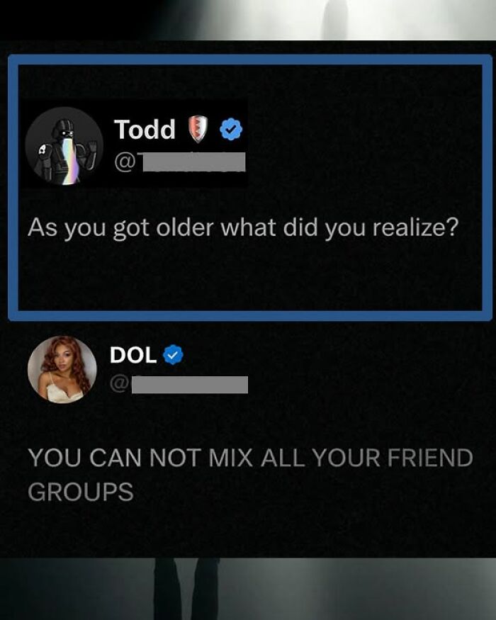 A funny comment about not mixing friend groups as you get older, shared on a social media post.