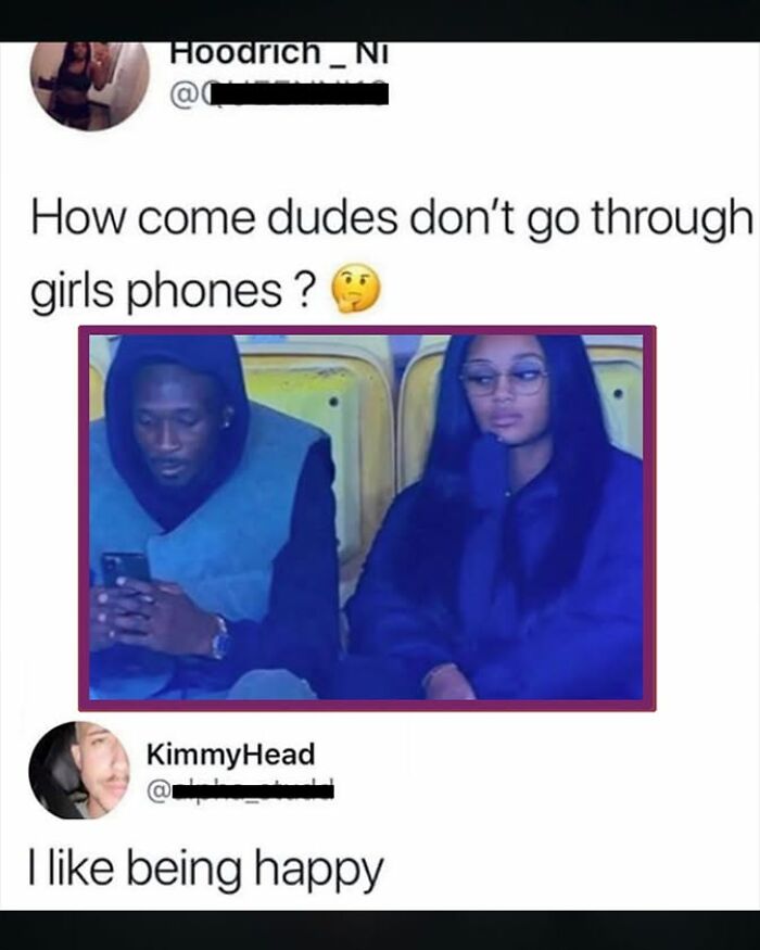 A screenshot of funny comments on a tweet asking why men don't check women's phones, with a humorous response below.