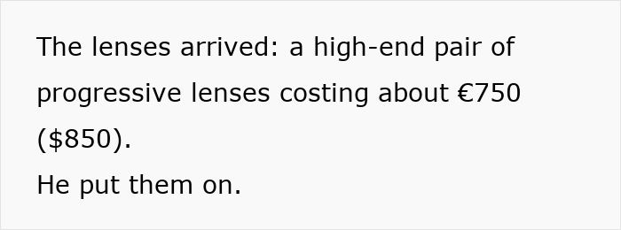 High-end progressive lenses costing about 750 euros, first worn by customer