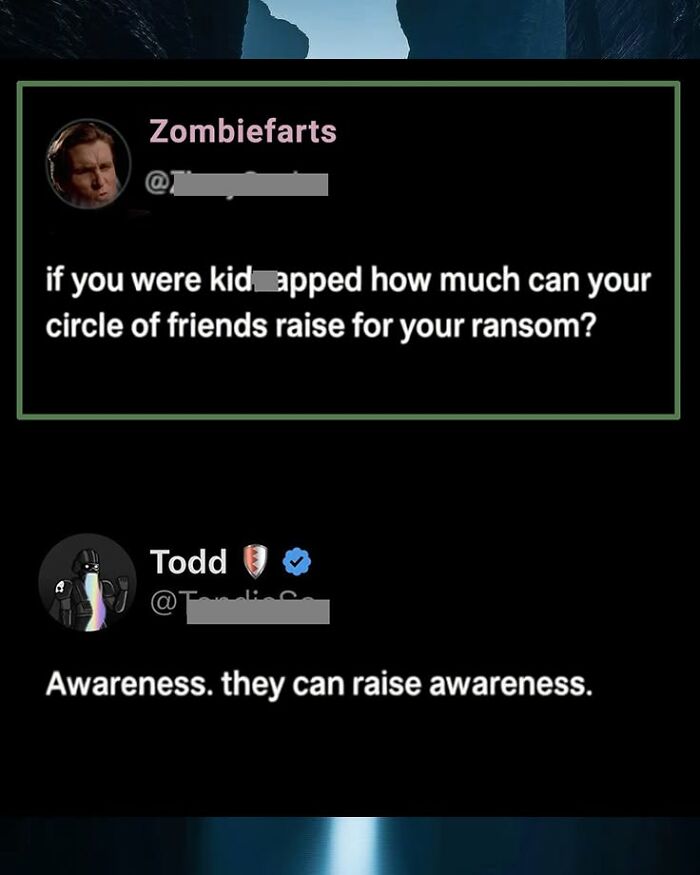 A screenshot of funny comments on a tweet about kidnapping ransoms, with a humorous and sarcastic reply.