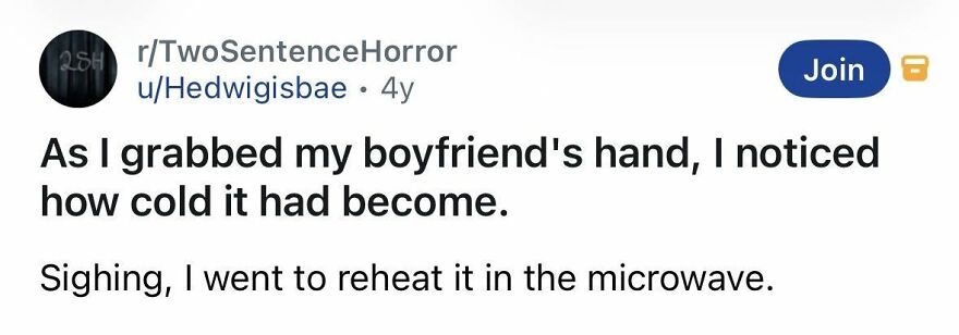 Short spine chilling story about a boyfriend's cold hand and reheating it in microwave