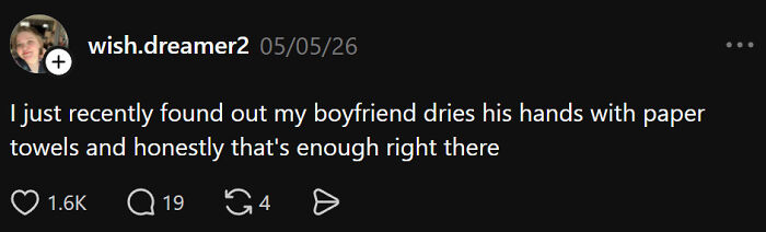 A comment from wish.dreamer2 discussing ignorant things middle-class people say: Her boyfriend dries his hands with paper towels.