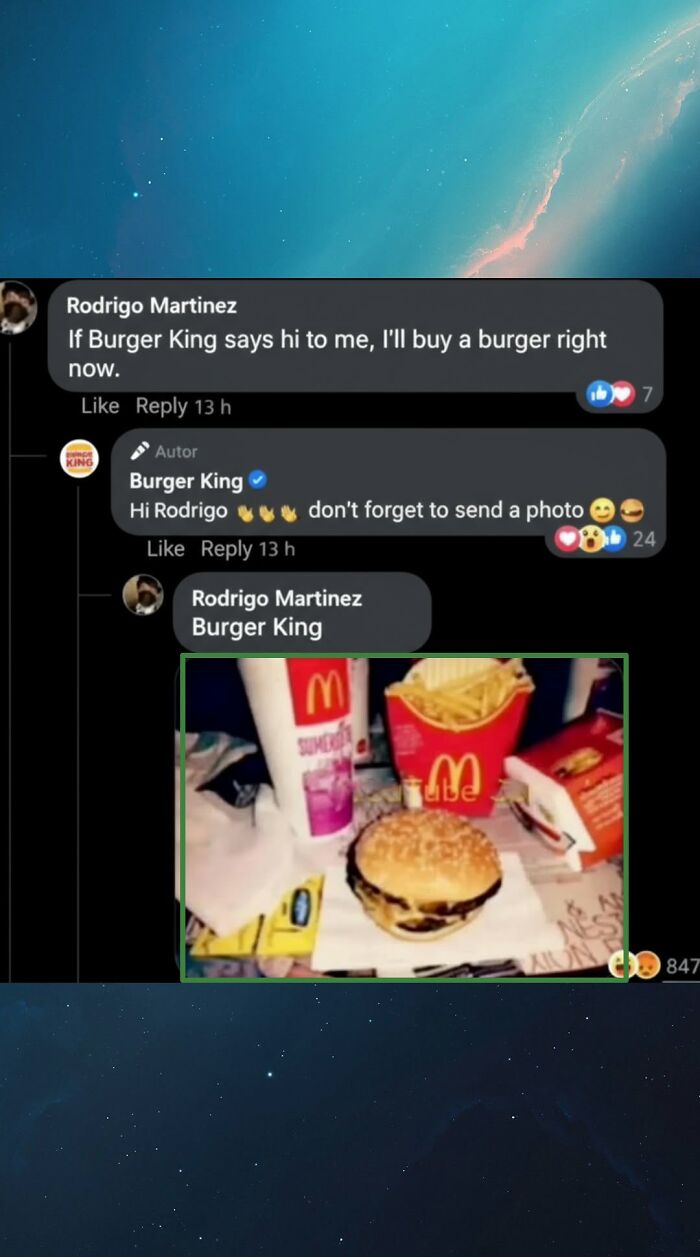 A screenshot of funny comments showing Burger King interacting with a user and the user posting a picture of their burger.