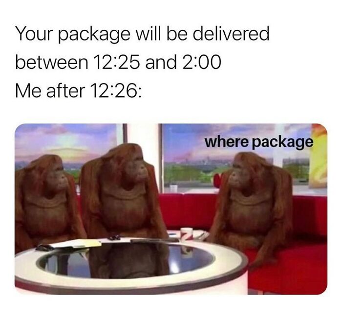 Meme about eagerly waiting for package delivery with anxious orangutans