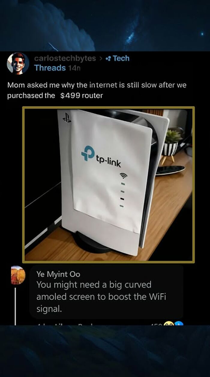 Funny comment about a PlayStation 5 being mistaken for a router, with a TP-Link bag on it.