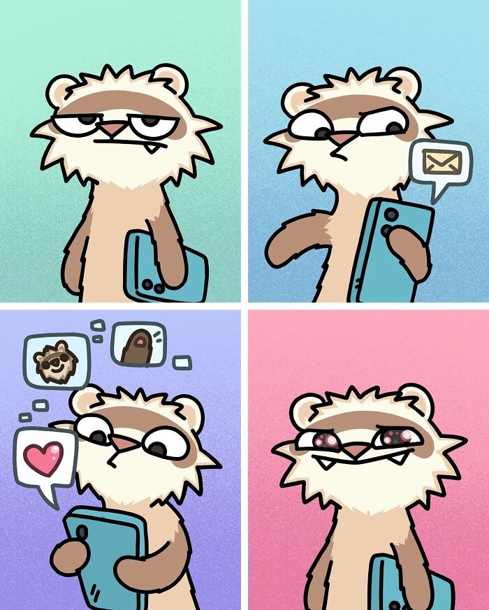 Siberian girl illustrates funny situations of ferrets: a ferret checking phone with various reactions to messages and likes.