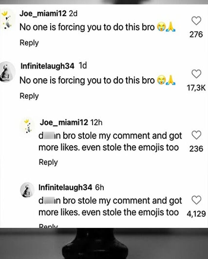 Funny comments from social media users, with one user noting another stole their comment and got more likes.