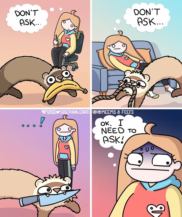 A comic strip depicting a Siberian girl and her ferret in various funny situations, including the ferret with a banana.