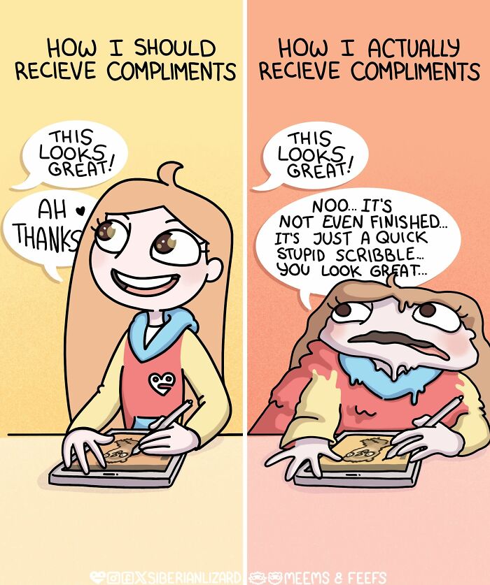A comic strip showing a Siberian girl's daily life, illustrating the contrast between how she should and actually receives compliments.