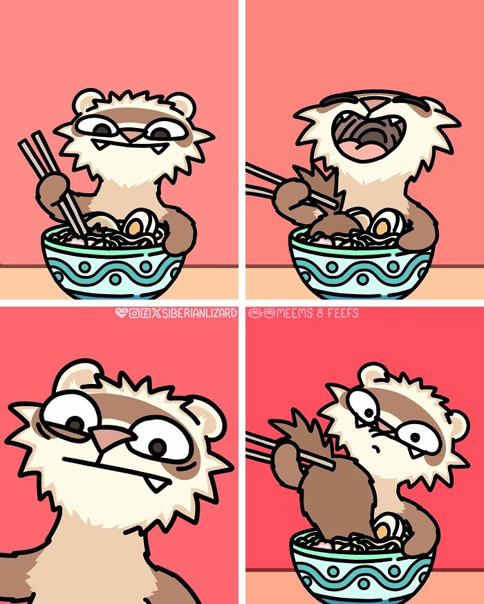 Siberian girl illustrates funny situations of ferrets: a ferret eating noodles with chopsticks from a bowl in four panels.