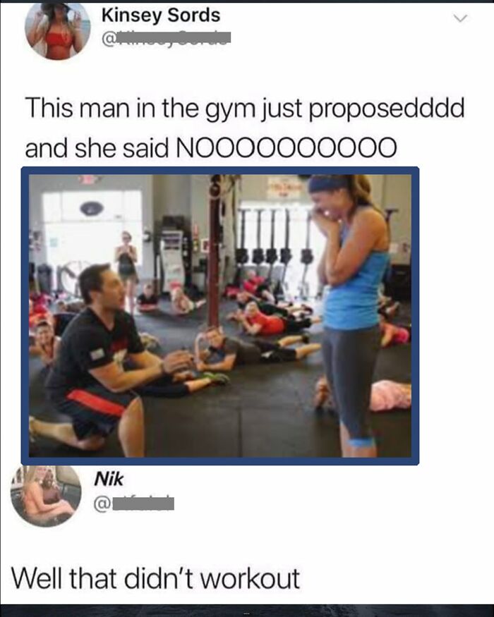 Funny comment on a gym proposal gone wrong, showing a man kneeling and a woman reacting with surprise.