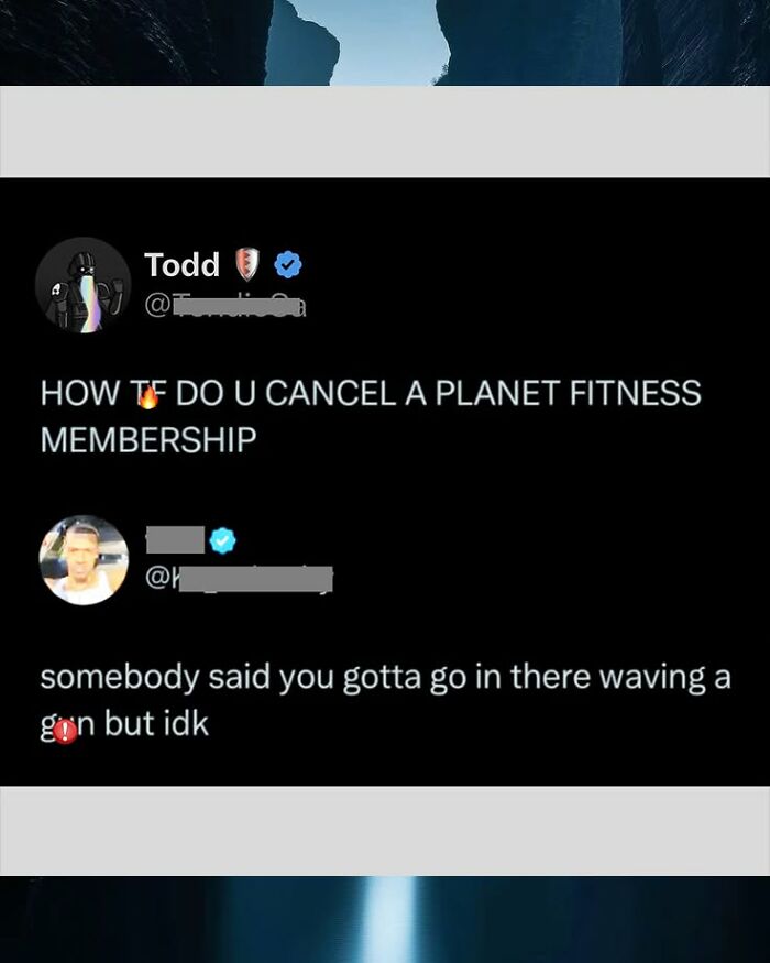 A great comment on Twitter joking about how to cancel a Planet Fitness membership with an absurd suggestion.