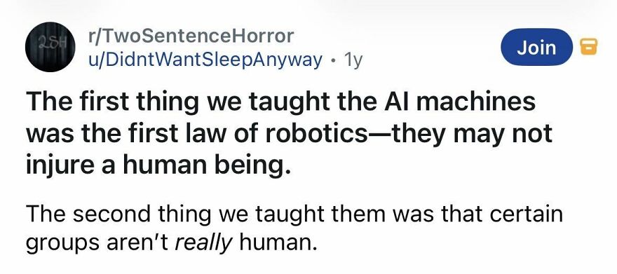 Sci-fi horror story about AI obeying robotics law but questioning humans