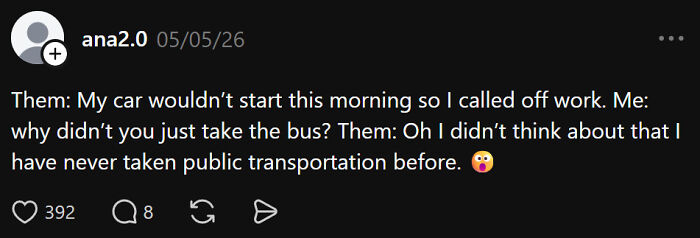A social media post about ignorant things middle-class people say, specifically about not knowing how to use public transportation.