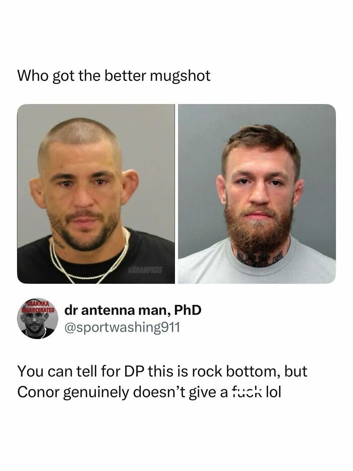 Mugshot comparison of two fighters, a pop culture post that brings instant good vibes.