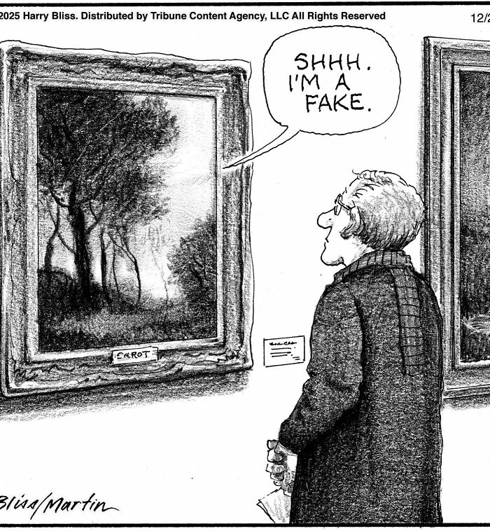 A New Yorker Magazine cartoonist's one-panel comic shows a man looking at a painting that says 'SHHH. I'M A FAKE.'
