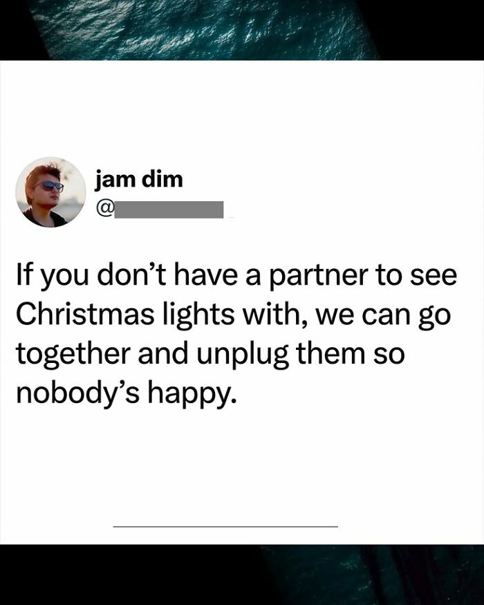 A great comment on Twitter suggesting unplugging Christmas lights with a partner to make nobody happy.
