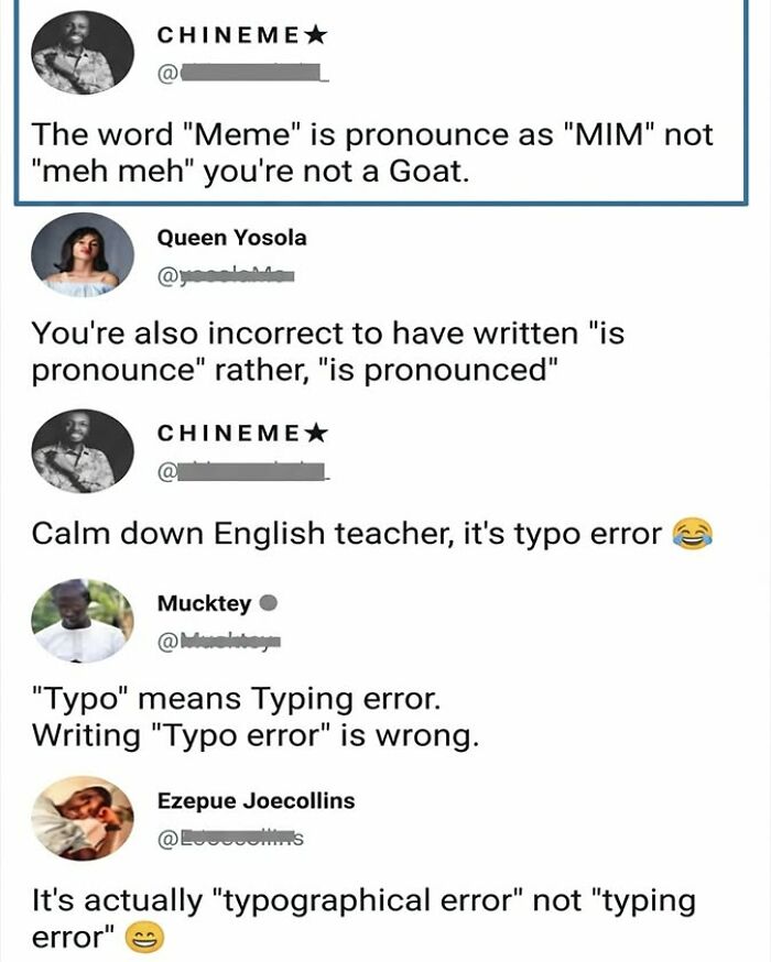 A funny comment thread debating the pronunciation of 'meme' and grammar.