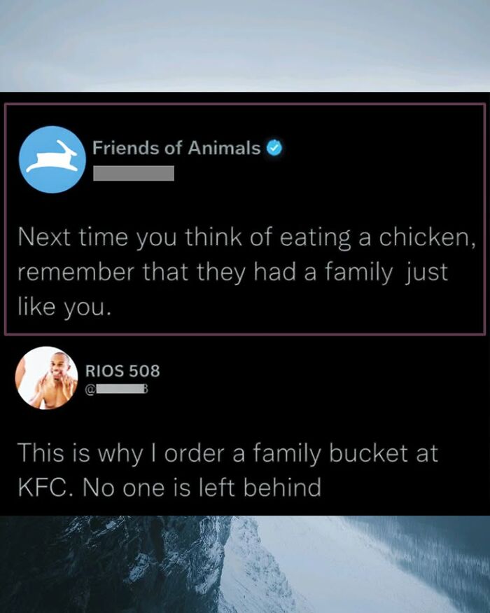 A humorous social media comment about ordering KFC family buckets, funnier than the original posts.