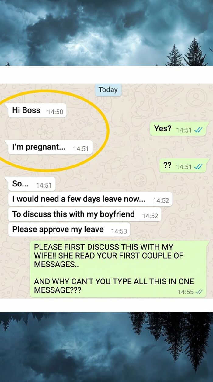 A funny WhatsApp conversation with a boss about pregnancy leave, funnier than the original posts.