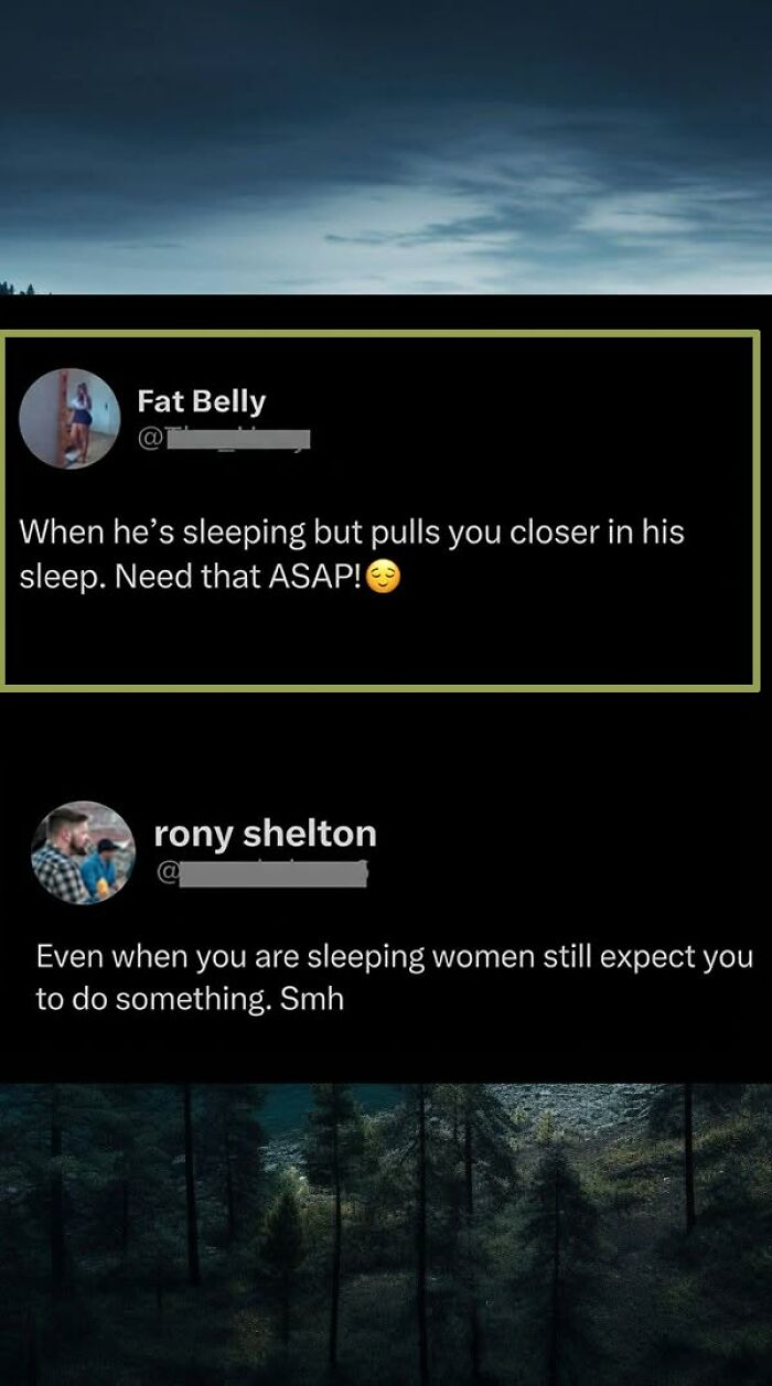 A funny social media comment about men pulling partners closer in sleep, funnier than the original posts.
