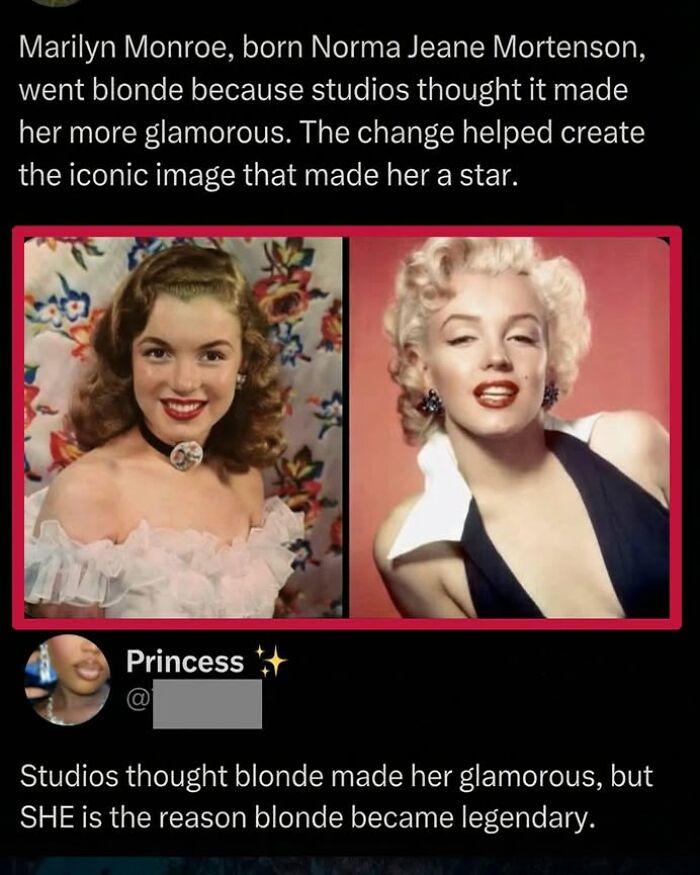 A social media post with a humorous comment about Marilyn Monroe's transformation, funnier than the original post.