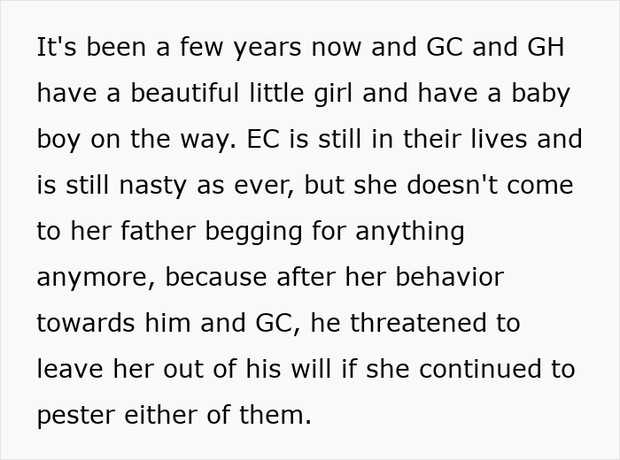A screenshot of text about the entitled woman's continued nasty behavior and her father's threat.