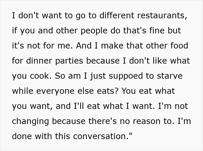 A screenshot of text where a picky eater girlfriend expresses her unwillingness to compromise on food in the relationship. A screenshot of text where a picky eater girlfriend expresses her unwillingness to compromise on food in the relationship.