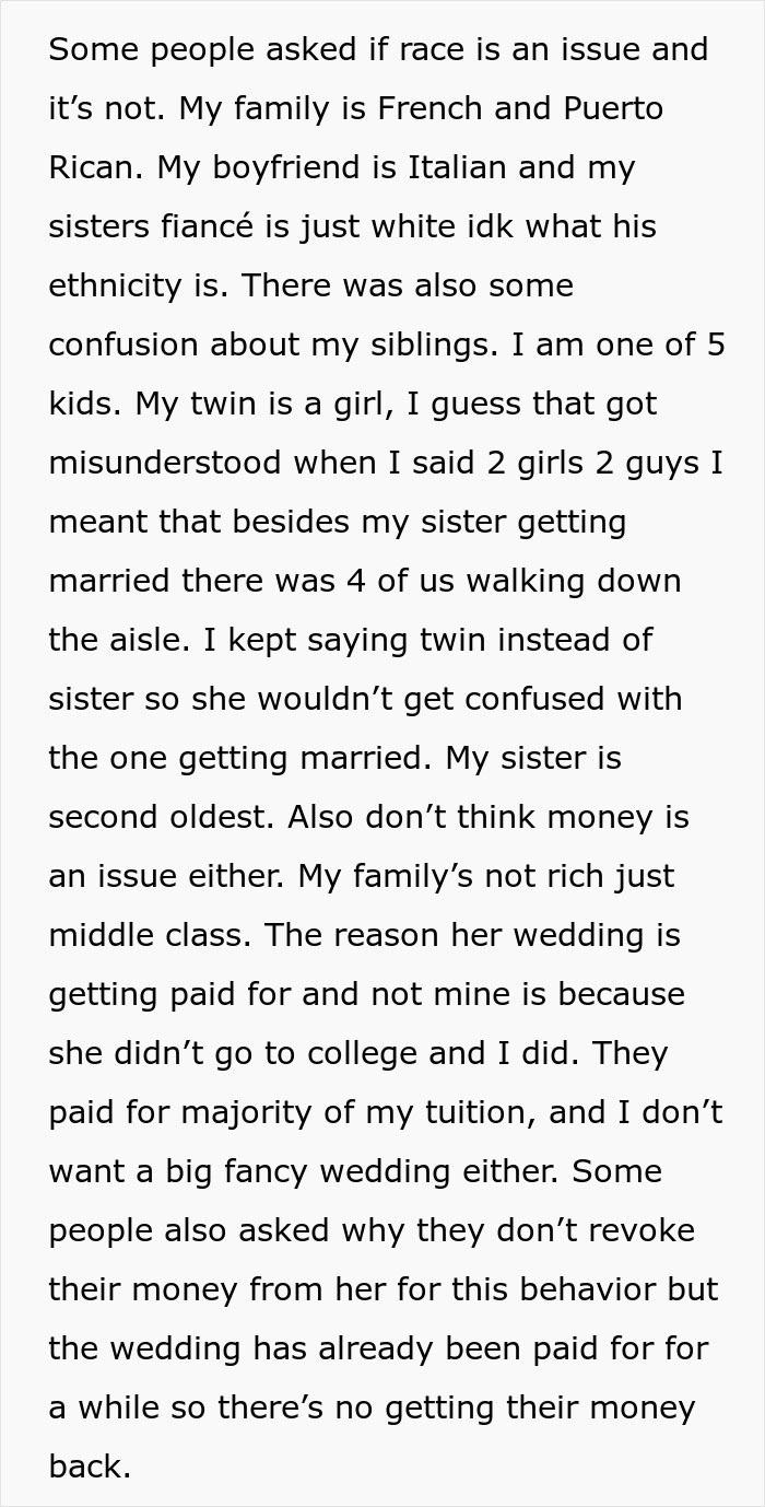 Text explaining family ethnicities and wedding payment issues Text explaining family ethnicities and wedding payment issues