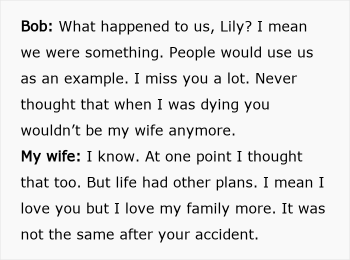 Screenshot of text revealing an ex-wife's deep feelings and husband's accident ending their marriage.