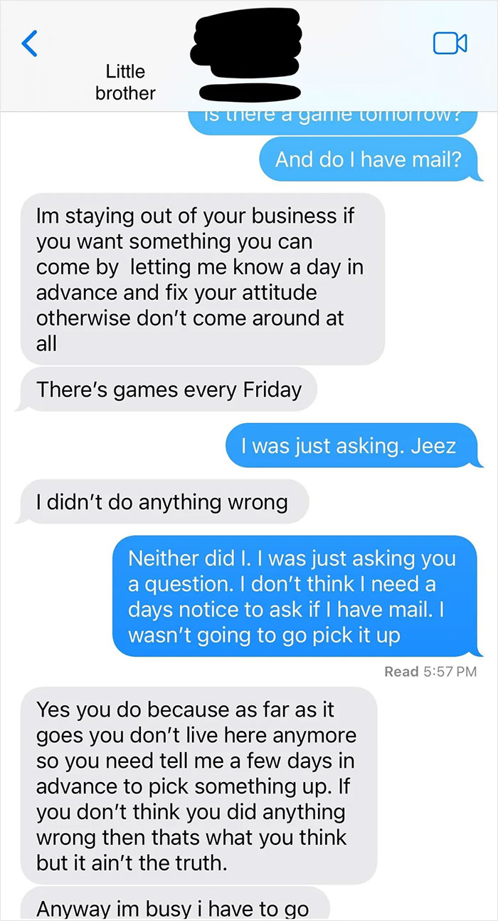 A woman is told to leave home after refusing to follow one rule, as seen in a text message from Little Brother.