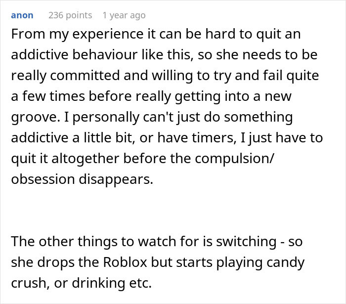 A comment from a user discussing addictive behavior, relating to the wife's gaming problem, and the challenge of quitting.