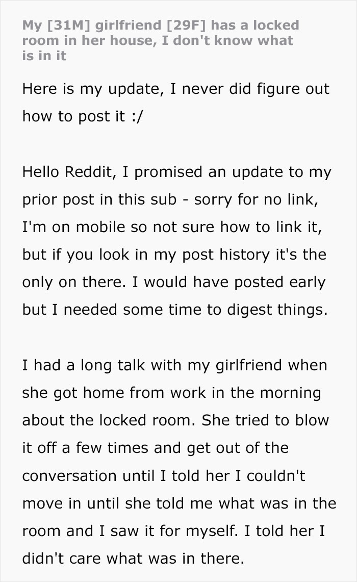 Reddit post update about locked room and girlfriend mystery Reddit post update about locked room and girlfriend mystery
