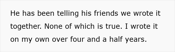 A screenshot of text about the audacity of a guy who wants his name on author GF's book.